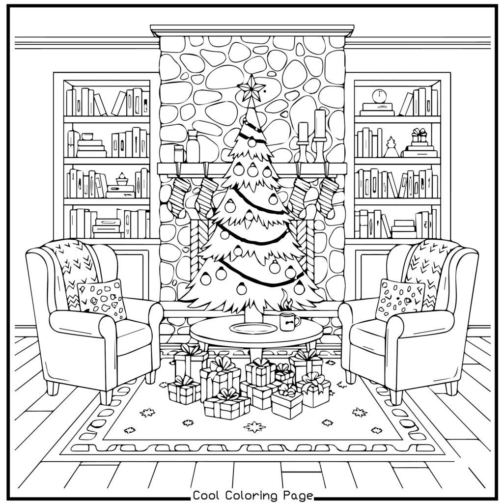 A living room with a decorated Christmas tree, stockings on a stone fireplace, two armchairs, bookshelves, and wrapped gifts on a rug—perfect inspiration for festive Christmas coloring pages.
