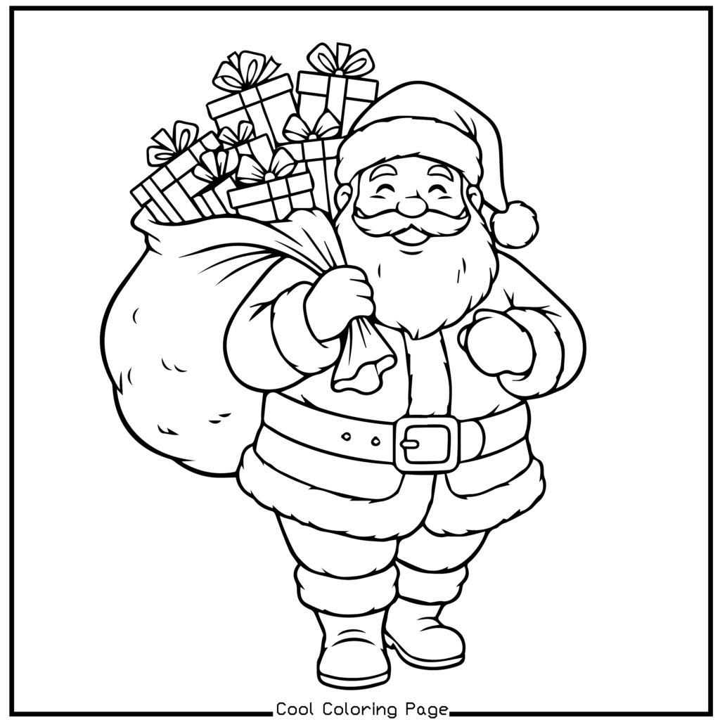 Santa Claus carrying a large sack filled with wrapped presents, smiling and walking, illustrated in a simple black and white coloring page style. Christmas coloring pages.