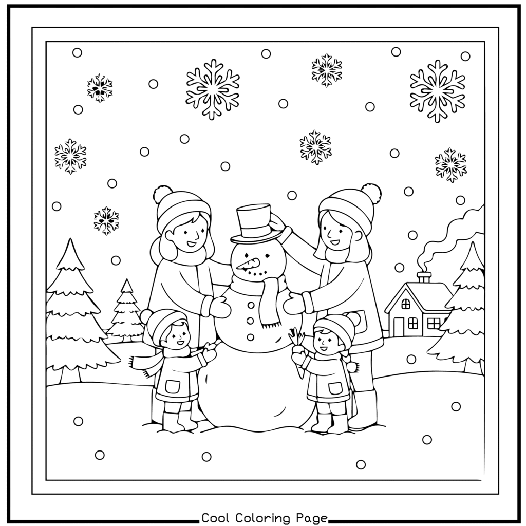 A family of four, two adults and two children, build a snowman, surrounded by snowflakes and pine trees. A cozy house with smoke from the chimney is in the background. Christmas coloring pages.