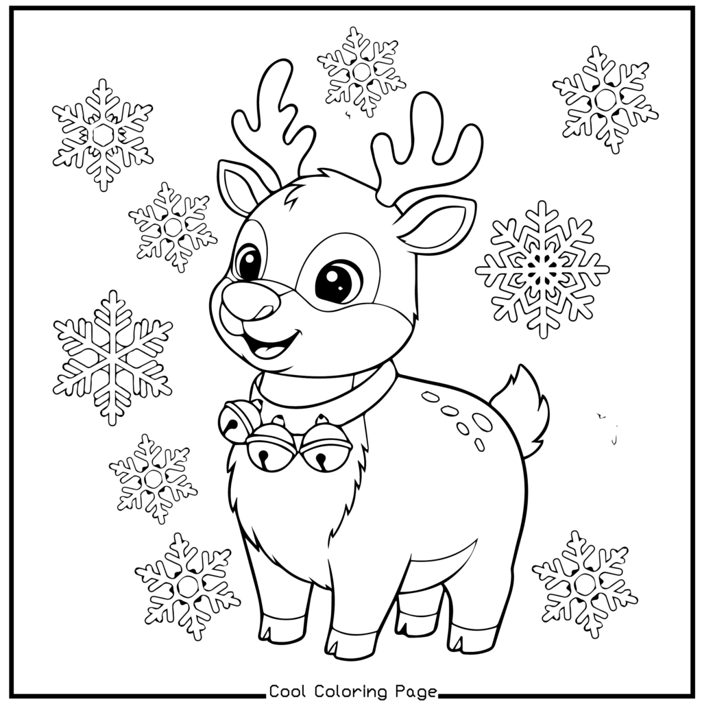A cheerful cartoon reindeer with antlers, wearing a collar with bells, surrounded by decorative snowflakes. The tone is festive and playful. Christmas coloring pages.