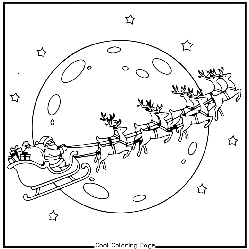 A black and white illustration of Santa in a sleigh filled with gifts, pulled by eight reindeer flying across a full moon with stars in the sky. Christmas coloring pages.