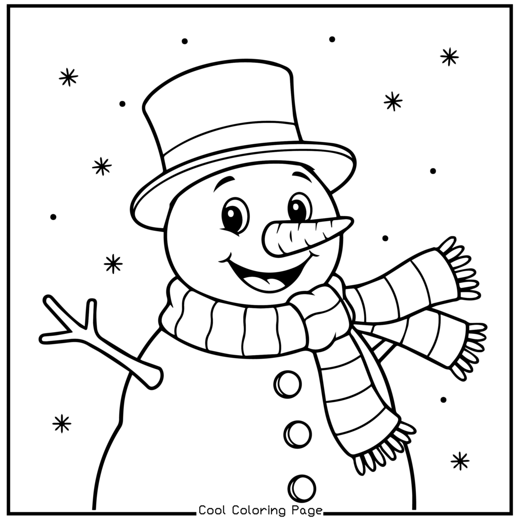 A cheerful snowman wearing a top hat and striped scarf smiles in front of a snowy background. Snowflakes fall around him, creating a festive scene. Christmas coloring pages.