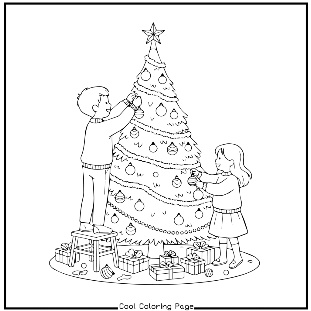 Children decorating a Christmas tree with ornaments and a star on top. A boy stands on a stool; presents surround the tree. Festive and joyful scene. Christmas coloring pages.