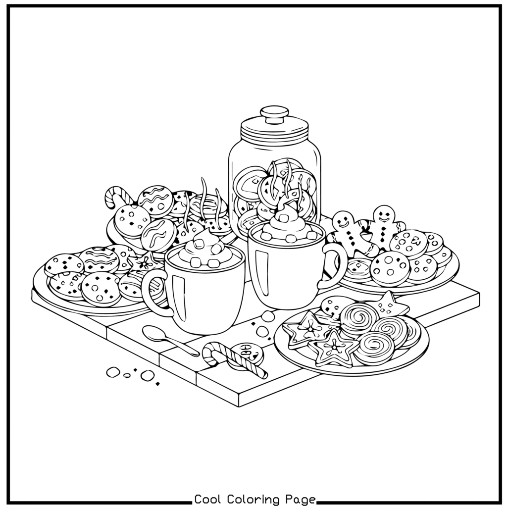 Illustration of a cozy dessert setup with three mugs of hot chocolate topped with whipped cream, surrounded by cookies, candy canes, and a jar of treats. Christmas coloring pages.