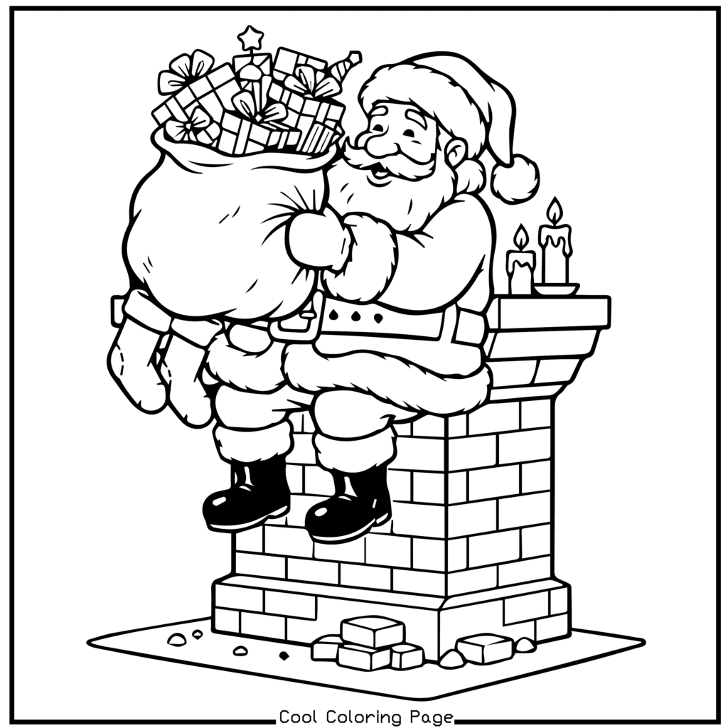 Santa Claus sits on a chimney holding a bag of gifts, surrounded by lit candles. His expression is joyful and festive. Black and white illustration. Christmas coloring pages.
