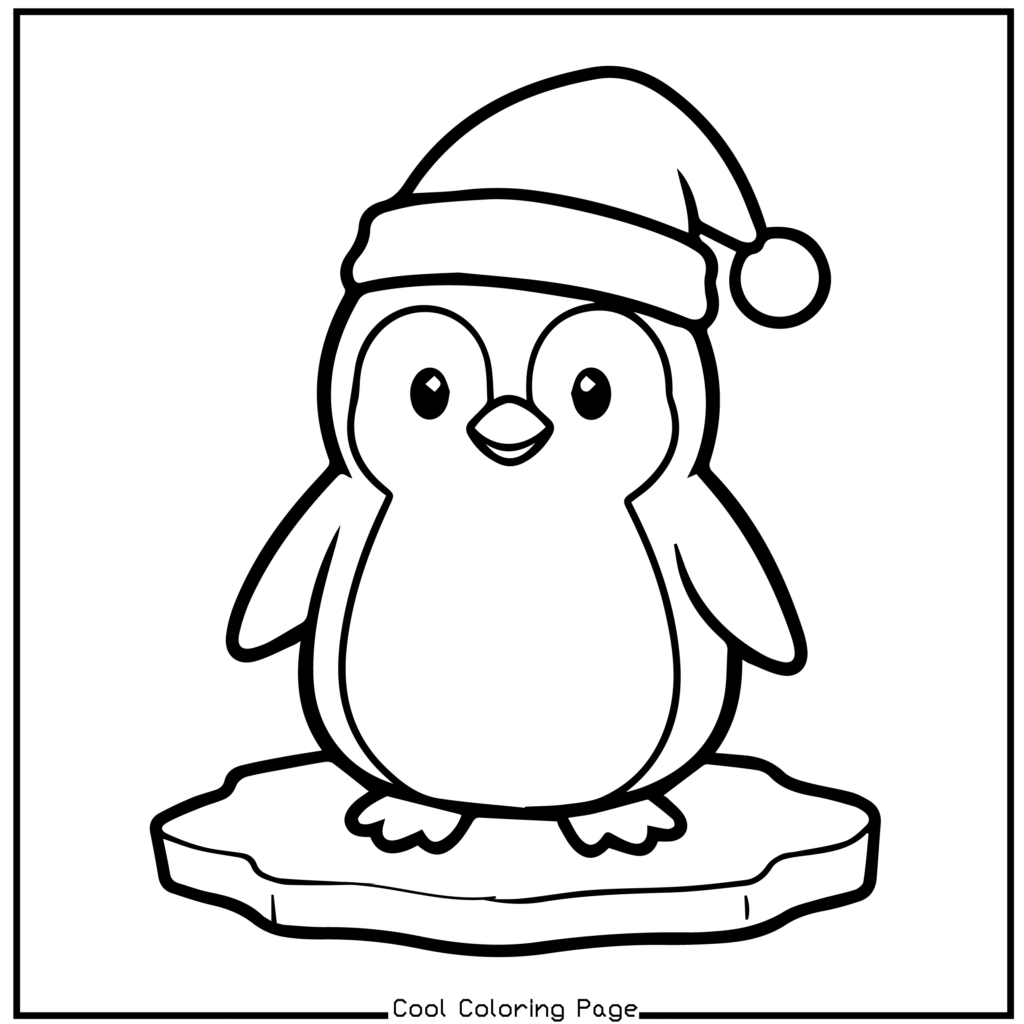 Cute penguin wearing a Santa hat stands on an ice floe. The simple black-and-white line drawing exudes a festive, cheerful vibe. Christmas coloring pages.