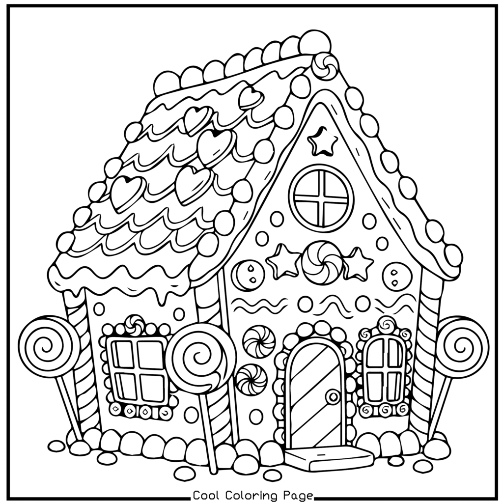 Whimsical gingerbread house with candy details, heart-shaped roof tiles, lollipop trees, and star decorations, creating a festive, playful atmosphere. Christmas coloring pages.
