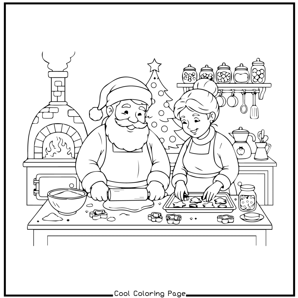 Santa and a woman bake festive cookies in a cozy kitchen. A decorated tree and wood-fired oven add warmth, evoking holiday cheer and teamwork. Christmas coloring pages.