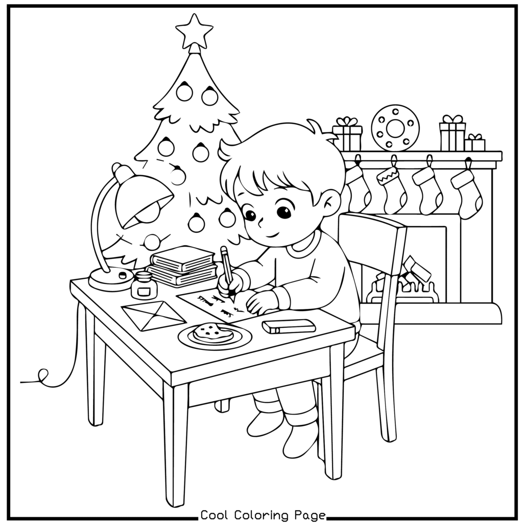 A child writes a letter at a table with Christmas decor. A tree and fireplace with stockings and gifts are in the background, creating a festive scene. Christmas coloring pages.