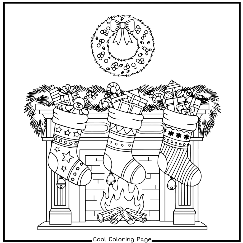 A fireplace decorated with three stockings filled with gifts, above a crackling fire. A wreath hangs above, creating a festive, cozy holiday scene. Christmas coloring pages.