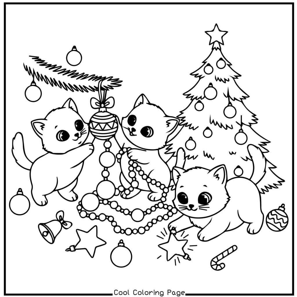 Cute cartoon kittens playfully decorate a Christmas tree with ornaments and garlands. The festive scene conveys a joyful holiday spirit. Christmas coloring pages.