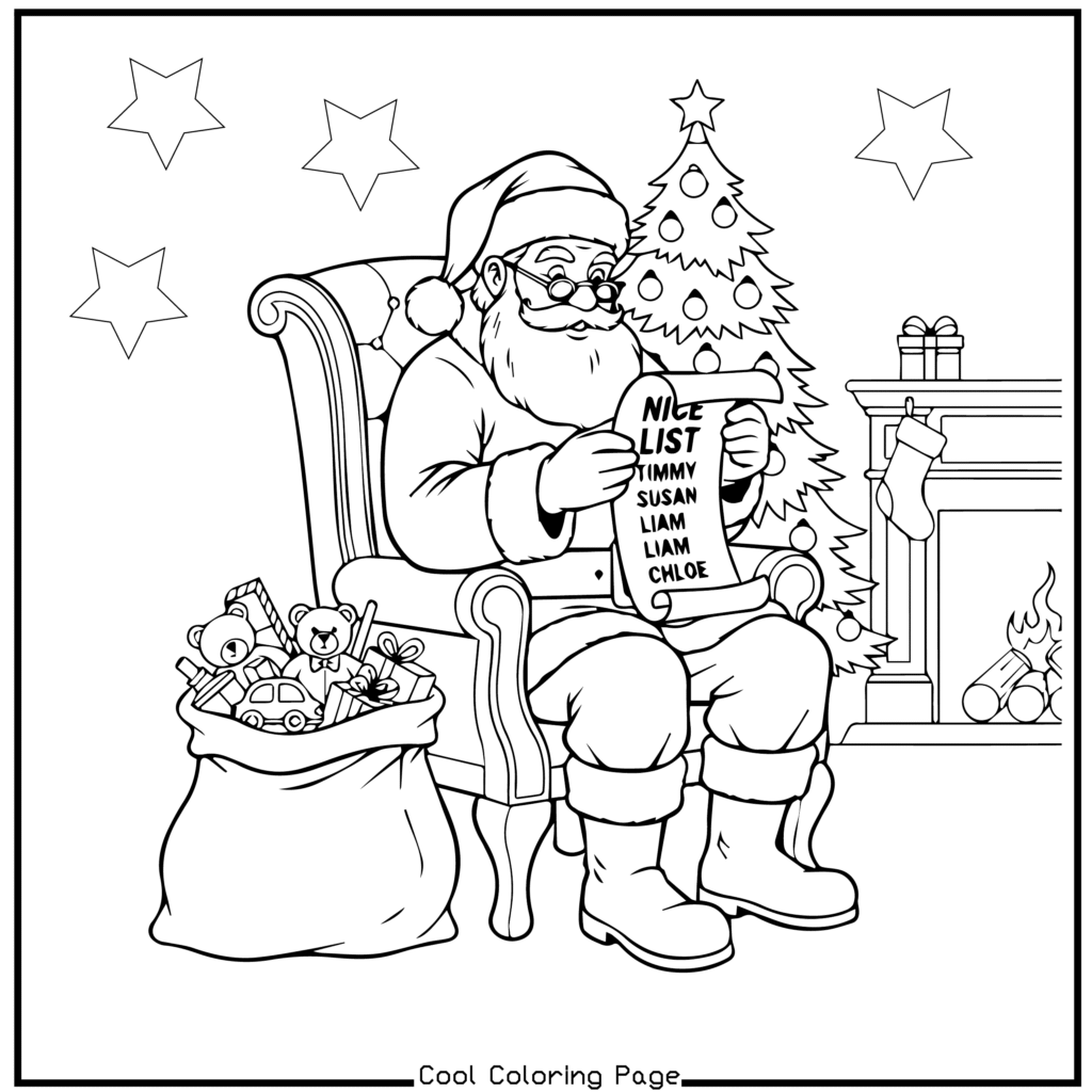 Santa Claus sits in a chair by a decorated Christmas tree and fireplace, reading a "Nice List." A sack of toys is on the floor, creating a festive mood. Christmas coloring pages.