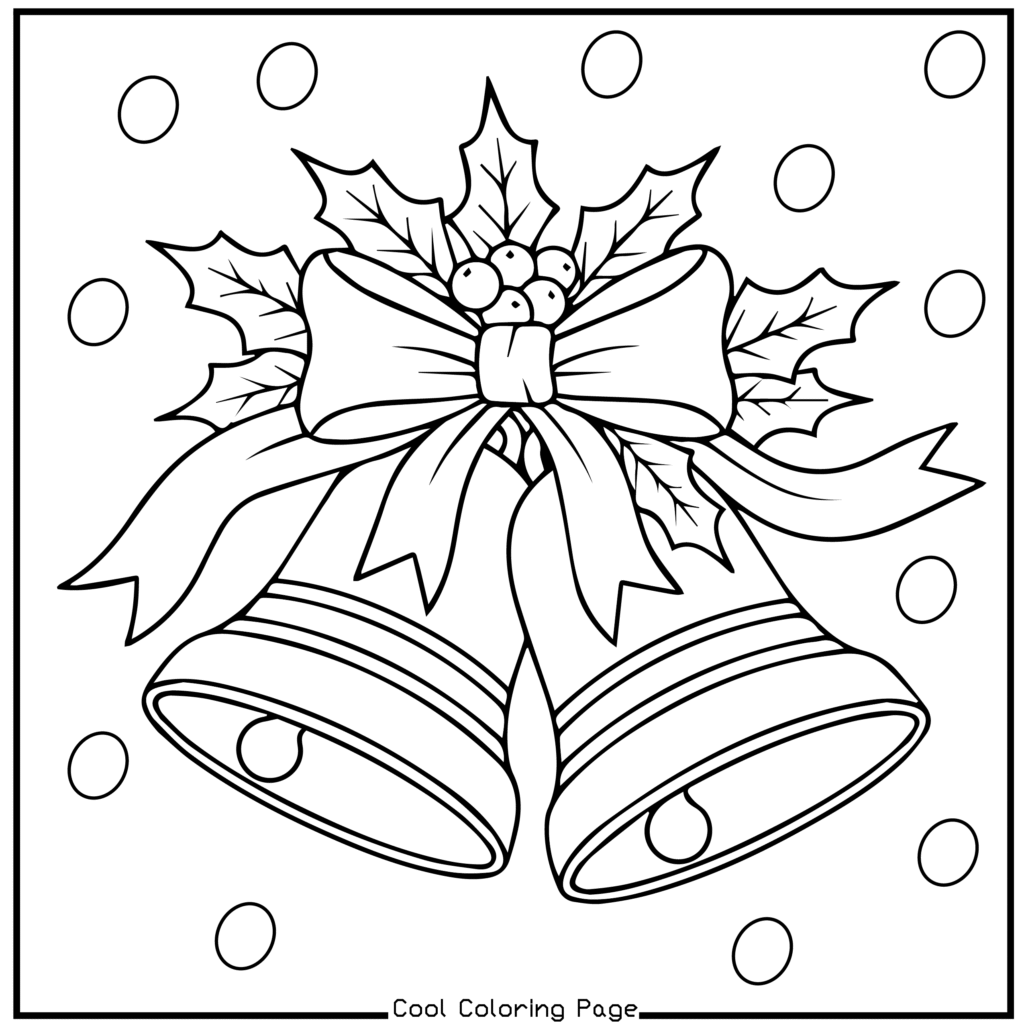 Line art of two Christmas bells adorned with a large bow and holly leaves. Surrounding polka dots suggest a festive, cheerful atmosphere. Christmas coloring pages.