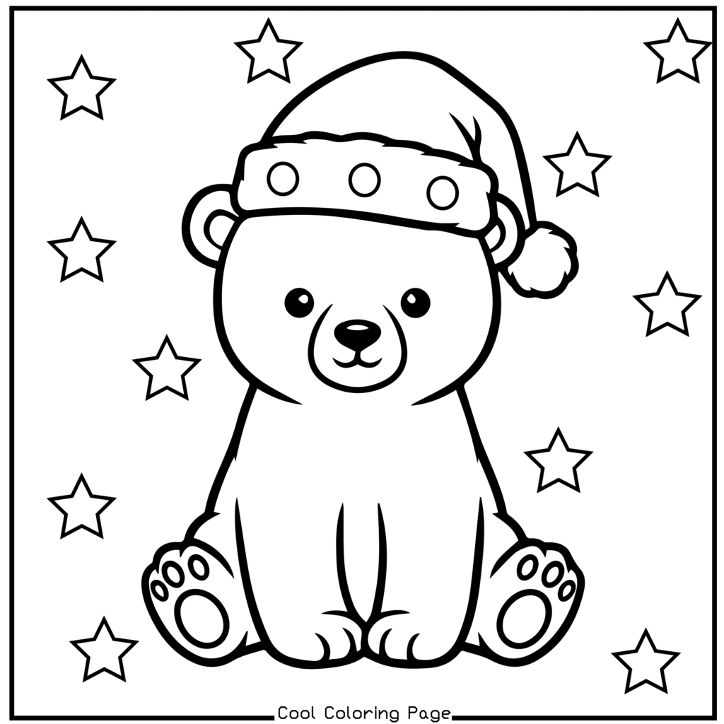A cute bear wearing a Santa hat sits against a backdrop of stars. The image is simple and outlined, resembling a coloring page. The tone is festive and playful. Christmas coloring pages.