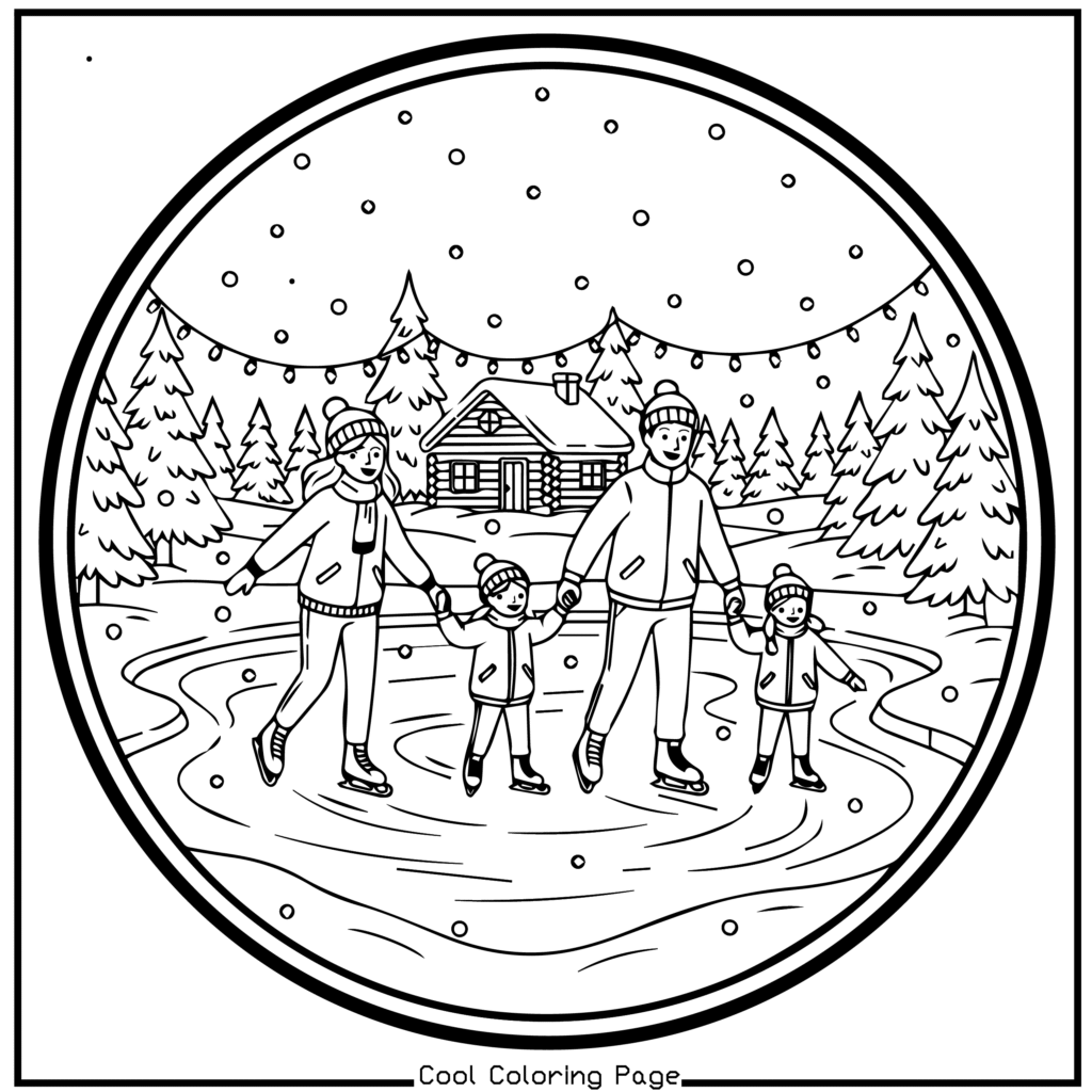 A family of four ice skates in a snowy winter scene, surrounded by pine trees and a cozy cabin. They hold hands under string lights, conveying joy. Christmas coloring pages.