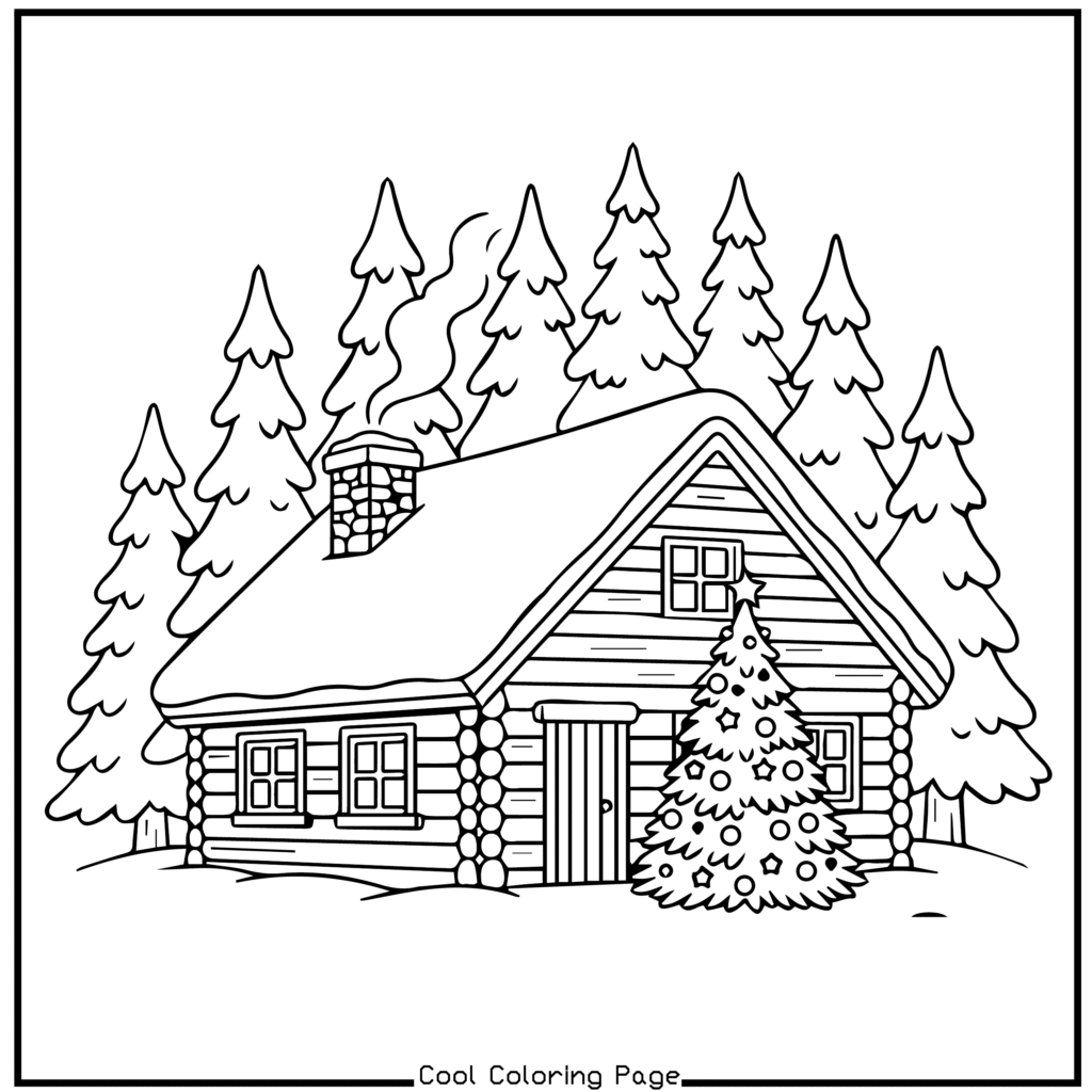 Cozy log cabin with snow-covered roof and a smoking chimney, surrounded by tall pine trees. A snow-laden fir tree is in the foreground. Christmas coloring pages.