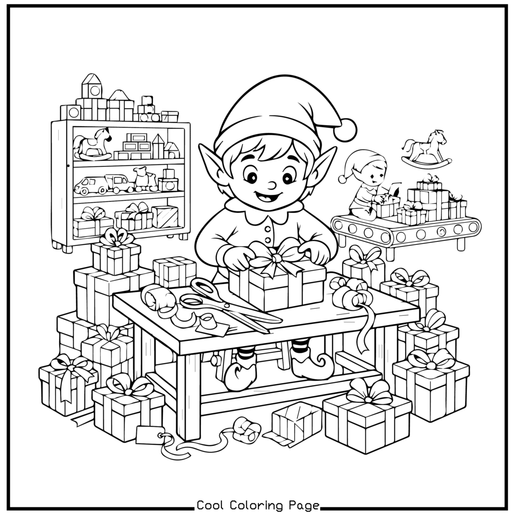 A cheerful elf wrapping presents at a table, surrounded by gifts and toys. Another elf in the background works on a conveyor belt. Festive and busy scene. Christmas coloring pages.