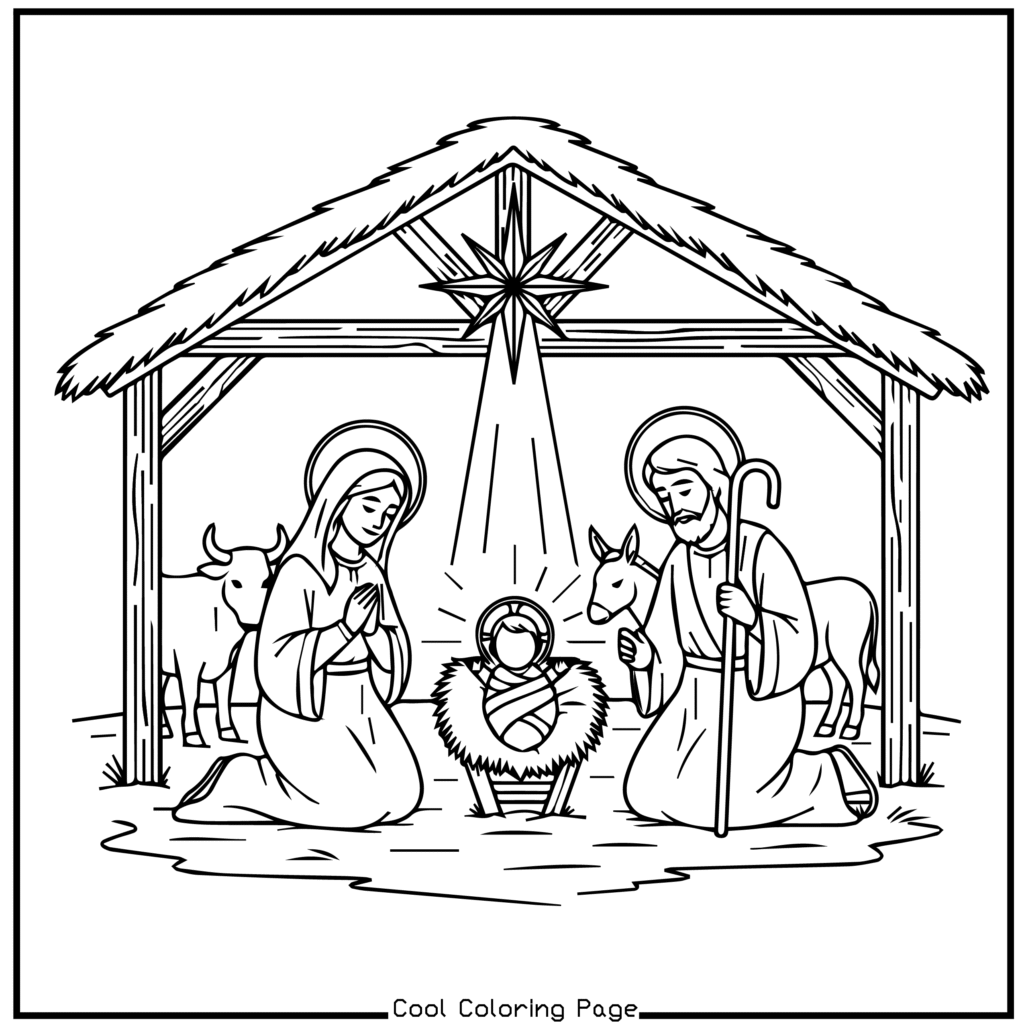 Illustration of a nativity scene with a baby in a manger under a thatched roof. Two figures kneel beside the manger, accompanied by animals, beneath a shining star. Christmas coloring pages.
23
