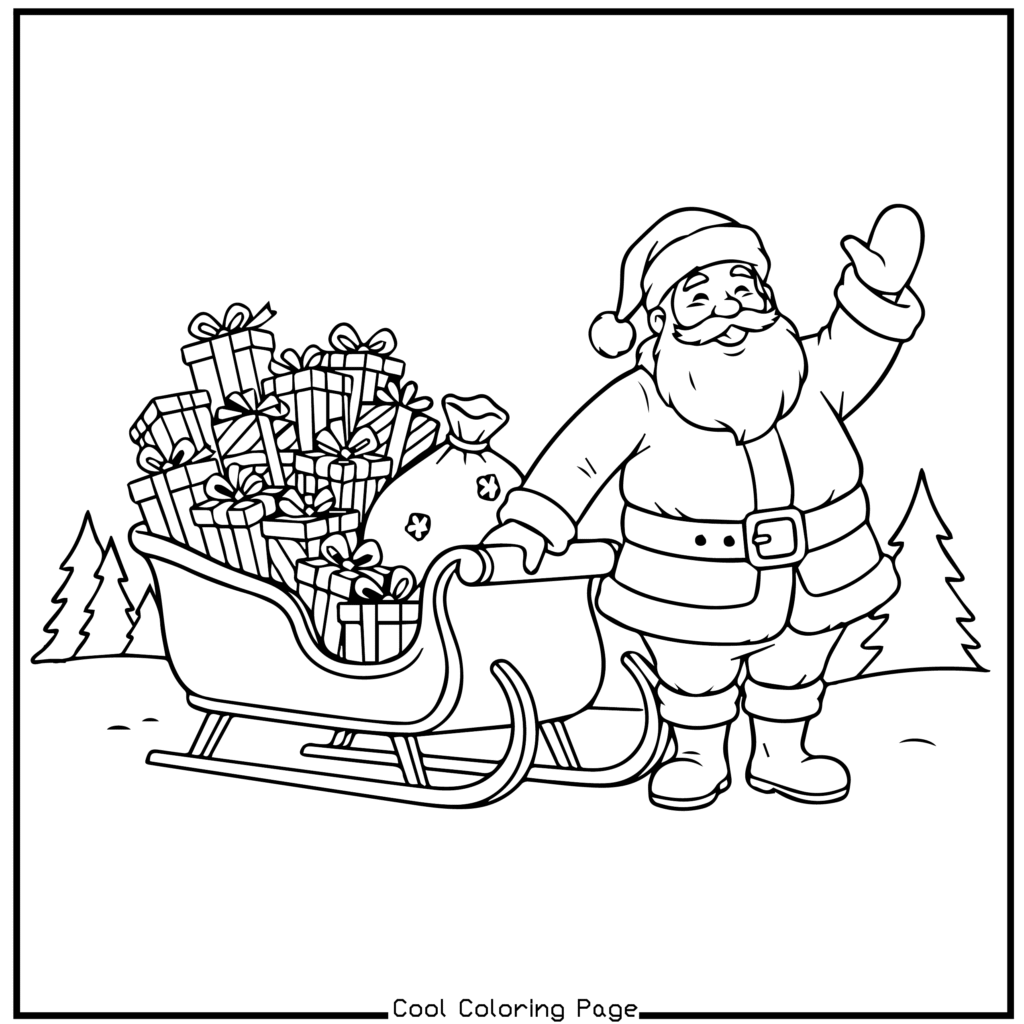 Santa Claus stands cheerfully waving next to a sleigh filled with wrapped gifts and a gift sack. Christmas trees are in the snowy background. Christmas coloring pages.