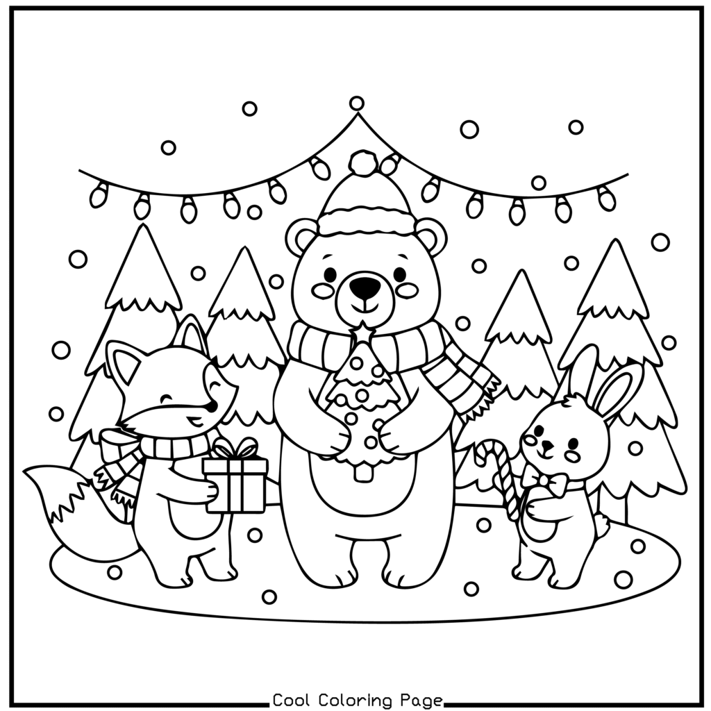 A bear, fox, and rabbit joyfully celebrate in winter attire. The bear holds a tree, the fox a gift, and the rabbit a candy cane. Festive trees and lights set the scene. Christmas coloring pages.