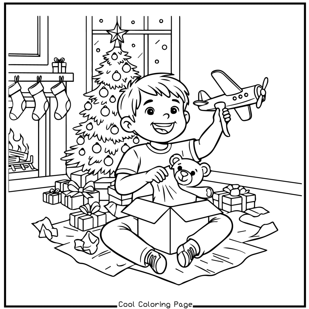 Boy joyfully playing with toy airplane near Christmas tree, surrounded by gifts and fireplace with stockings. Festive, cheerful holiday scene. Christmas coloring pages.