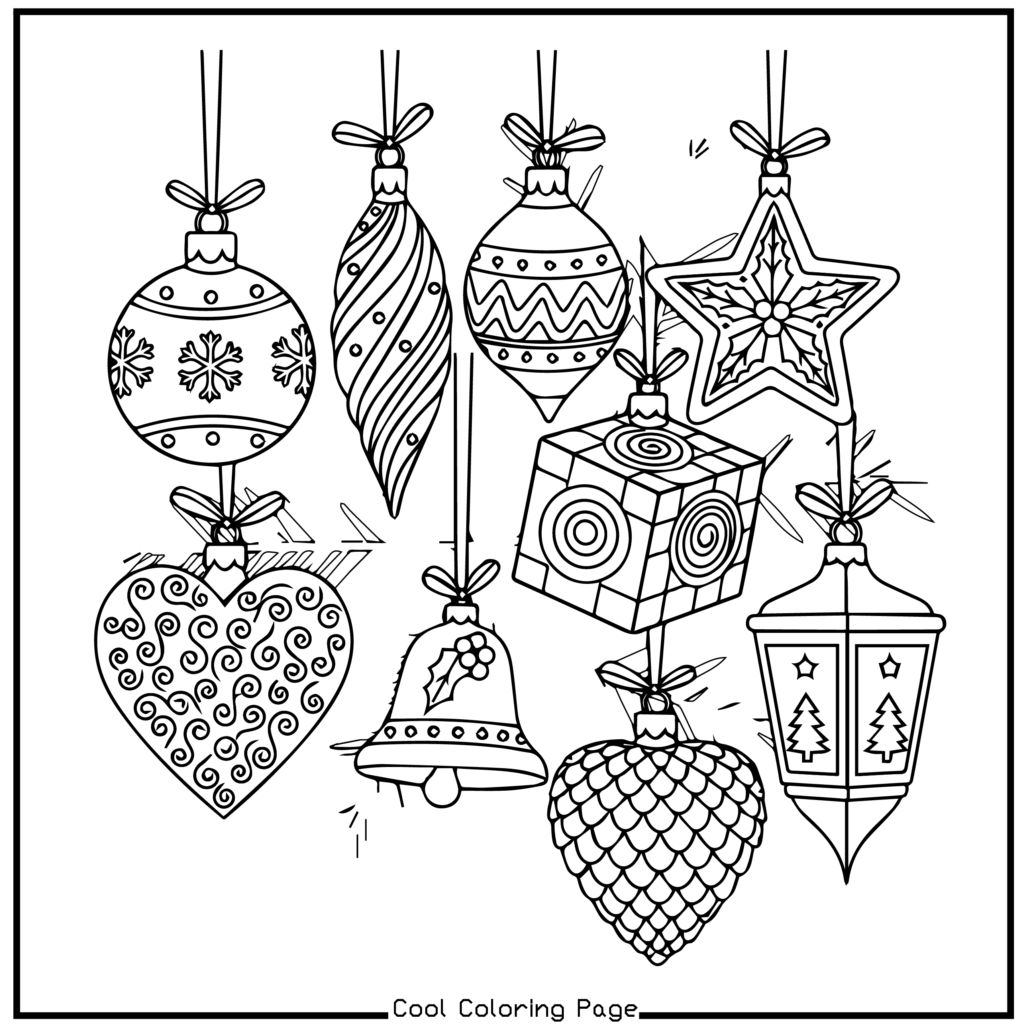 Black and white illustration of nine intricately designed Christmas ornaments, including a star, heart, and bell. Each hangs from a ribbon, showcasing festive patterns. Christmas coloring pages.