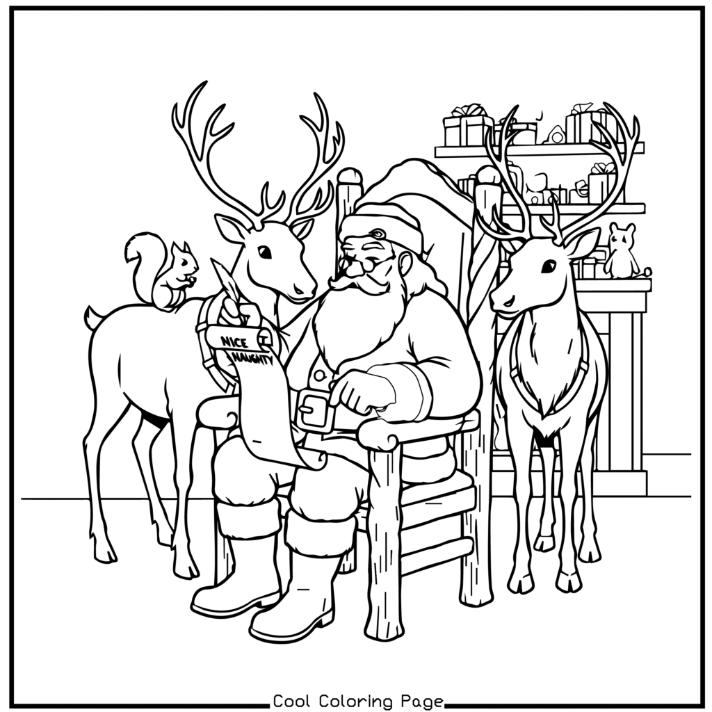 Santa sits contentedly in a chair reading a "Nice List," surrounded by two reindeer and a squirrel on a bookshelf. A cozy and festive scene. Christmas coloring pages.