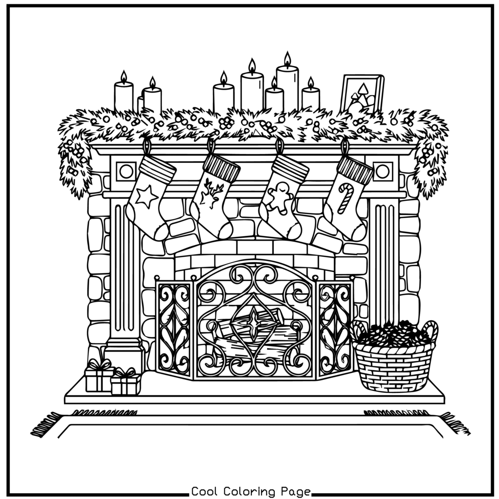 Illustration of a decorated fireplace with five stockings, lit candles, and garland on the mantel. A basket and gift are nearby, creating a festive mood. Christmas coloring pages.