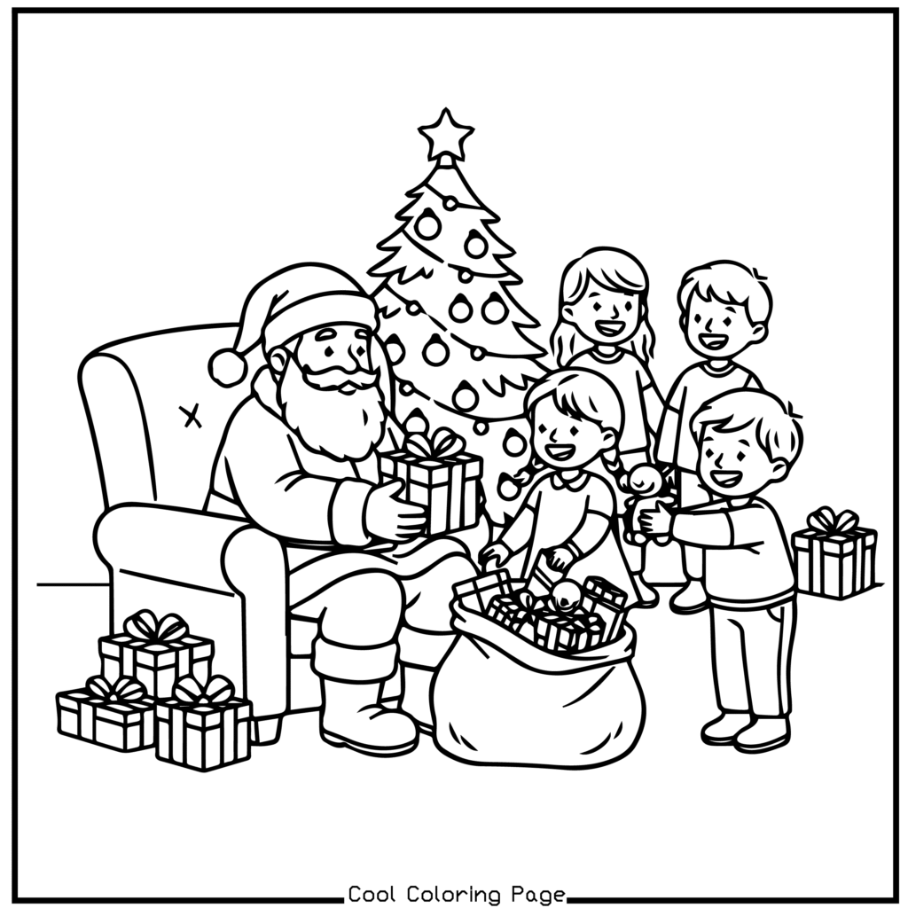 Santa sits in an armchair with a sack of gifts, handing presents to smiling children. A decorated Christmas tree stands in the background. Festive and joyful scene. Christmas coloring pages.