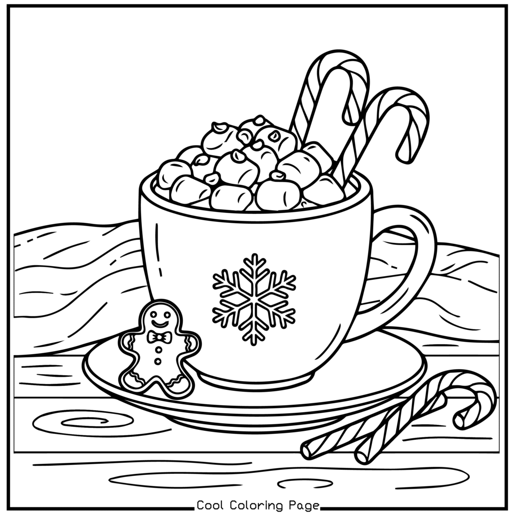 A cozy coloring page featuring a mug with marshmallows and candy canes, a snowflake design, a gingerbread cookie, and candy canes on a saucer. Christmas coloring pages.