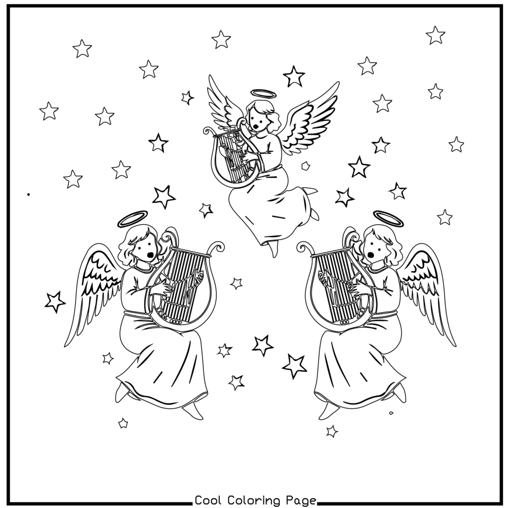 Three angels with wings and halos play lyres amidst a scattering of stars. The scene conveys peace and celestial harmony. Coloring page style. Christmas coloring pages.