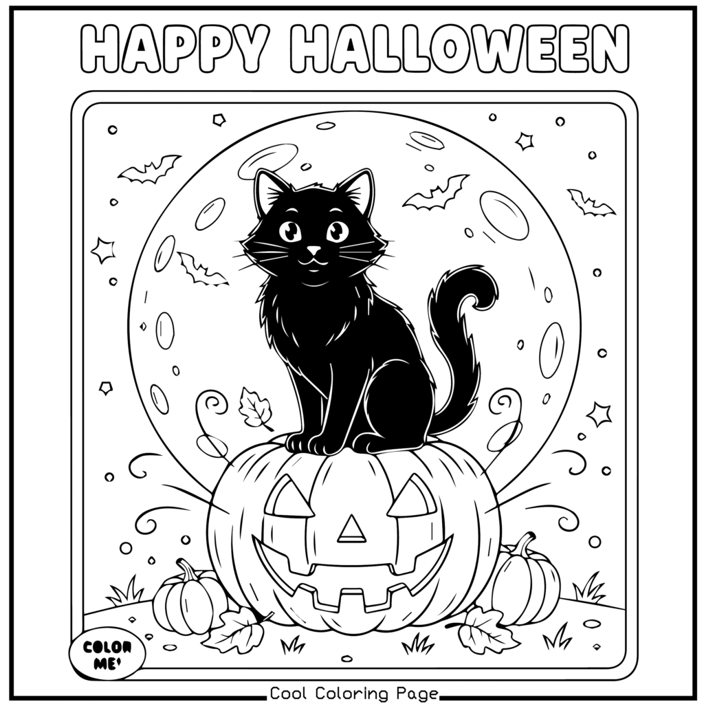 Black cat sitting on a carved pumpkin with a smiling face, surrounded by two smaller pumpkins and swirling leaves under a full moon. "Happy Halloween" is written above. -Halloween coloring pages.