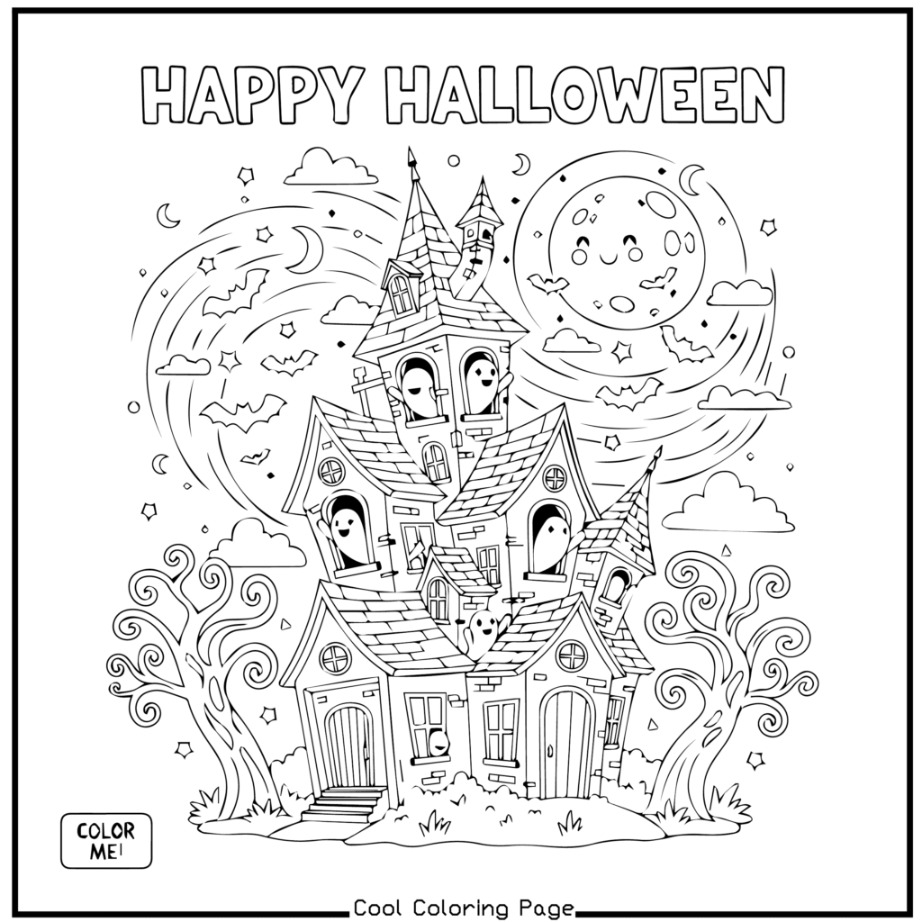 Halloween coloring page featuring a haunted house with ghostly figures in windows. The night sky has a smiling moon, stars, bats, and swirling clouds, creating a spooky yet playful atmosphere. -Halloween coloring pages.