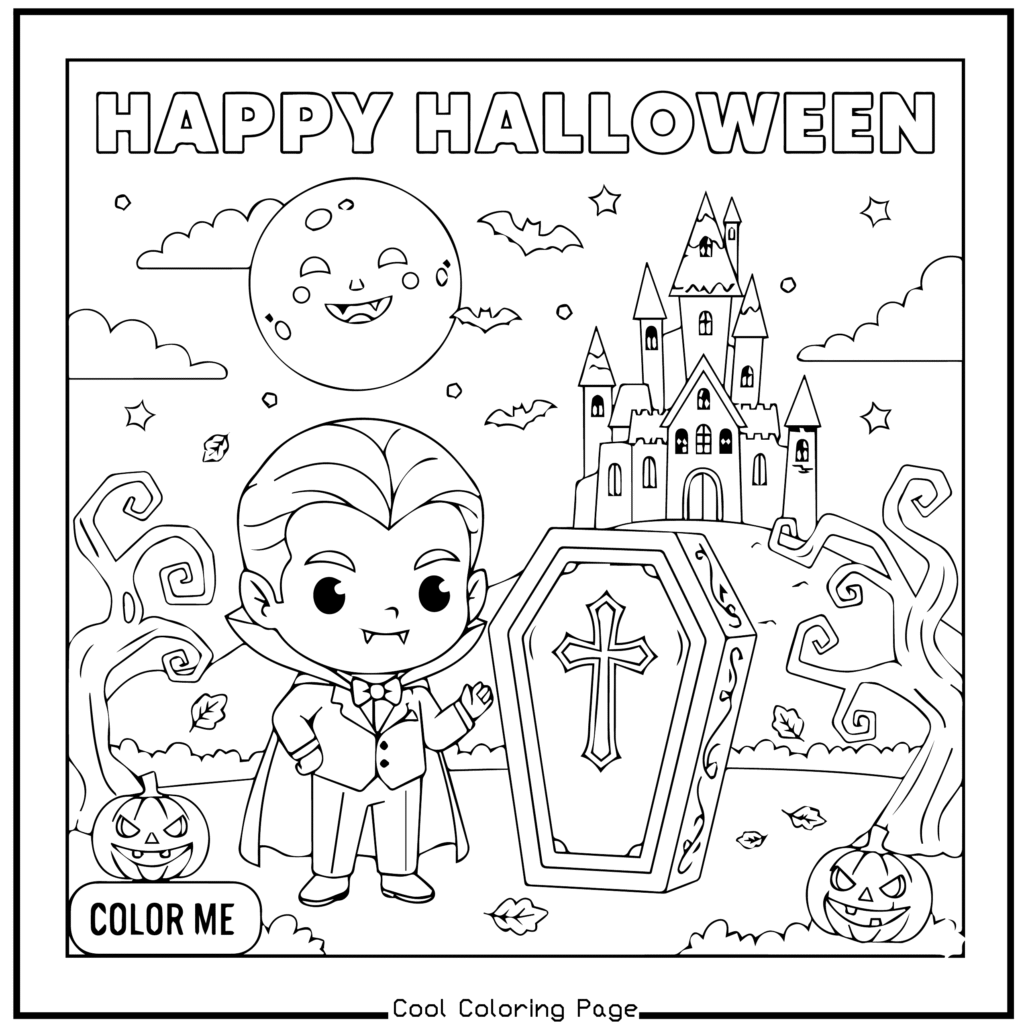 A cartoon vampire with slicked back hair stands next to a coffin, smiling. Behind a spooky castle, a full moon, and bare trees with jack-o'-lanterns. "Happy Halloween" is written above. The atmosphere is playful and spooky. -Halloween coloring pages.