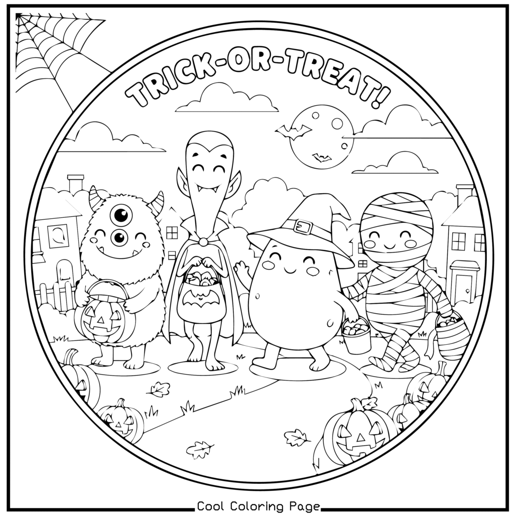 Four cartoon characters dressed as a monster, vampire, witch, and mummy go trick-or-treating under a full moon; pumpkins line the path. -Halloween coloring pages.
