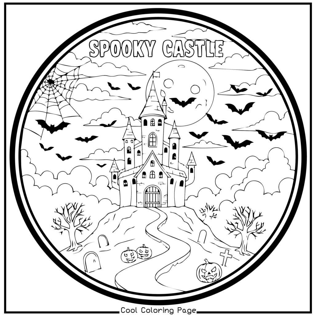A spooky castle stands under a full moon with flying bats, surrounded by clouds, barren trees, tombstones, and carved pumpkins, creating a haunting atmosphere. -Halloween coloring pages.