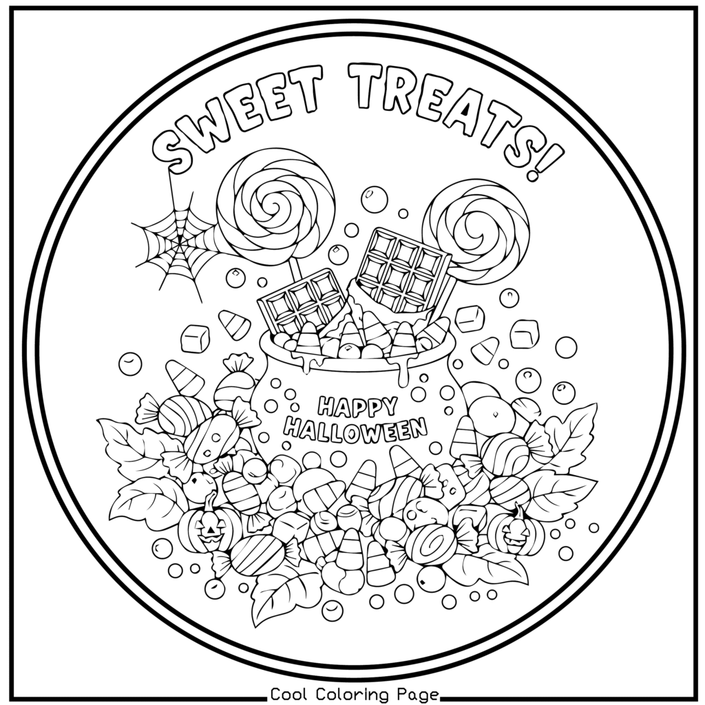 A Halloween-themed coloring page features candy and chocolate in a cauldron with "Sweet Treats!" above. Lollipops, candy corn, and cobwebs surround it. -Halloween coloring pages.