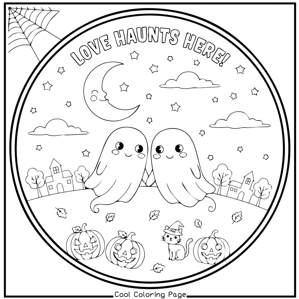 Whimsical Halloween coloring page with two smiling ghosts holding hands, surrounded by stars, pumpkins, a witch cat, a crescent moon, and text: "Love Haunts Here." Halloween coloring pages.