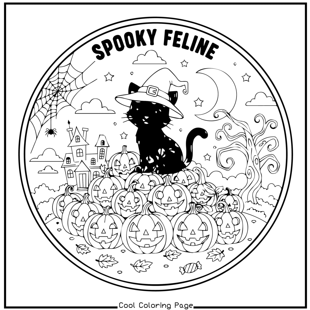 A black cat wearing a witch hat sits on jack-o'-lanterns, surrounded by a haunted house, crescent moon, spider web, and autumn leaves. Spooky vibe. -Halloween coloring pages.
