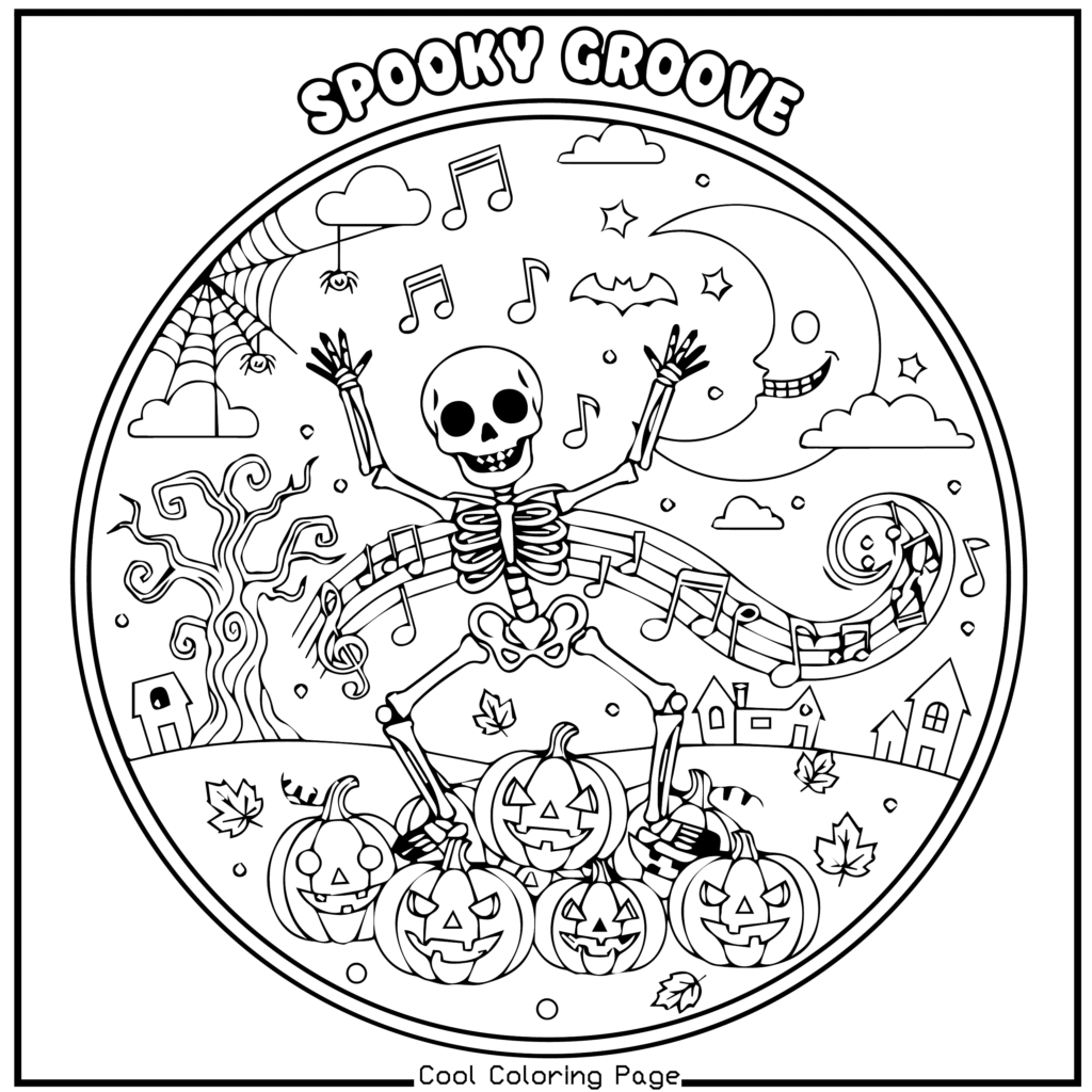 A joyful skeleton dances among carved pumpkins with musical notes swirling around. Background features a crescent moon, spider web, and spooky trees. -Halloween coloring pages.