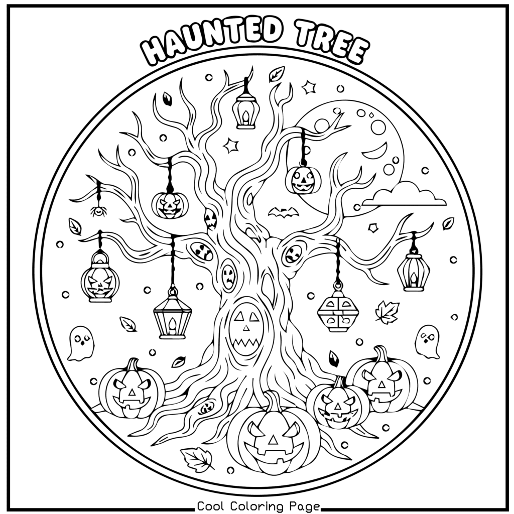Halloween-themed coloring page featuring a haunted tree with twisted branches adorned with jack-o'-lanterns and lanterns. Stars, bats, and ghosts add a spooky atmosphere. -Halloween coloring pages.