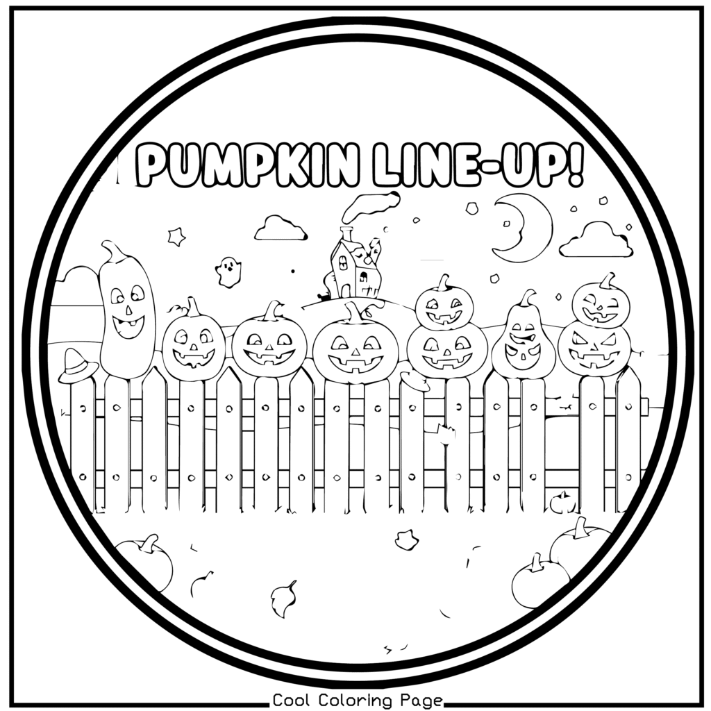 A line of smiling, carved pumpkins sits on a fence under a crescent moon. A spooky house on a hill and bats complete the Halloween-themed coloring page. -Halloween coloring pages.