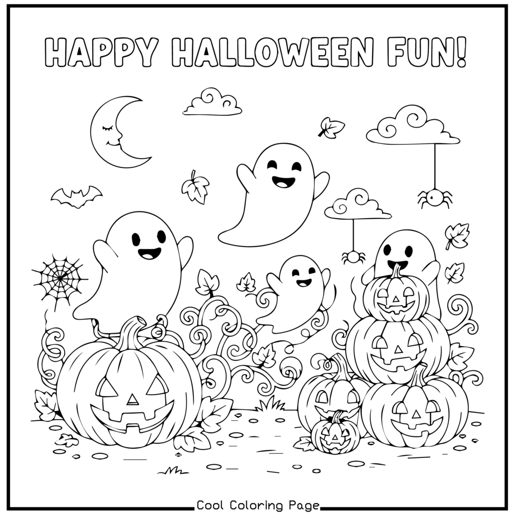Line art of three smiling ghosts around jack-o'-lanterns and swirling vines under a "Happy Halloween Fun!" banner. Includes bats, a crescent moon, and a spider—Halloween coloring pages.