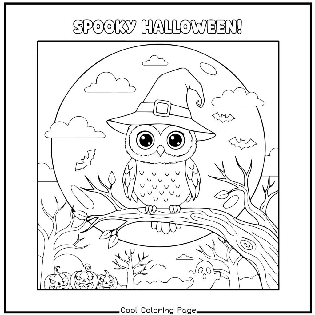 A cute owl wearing a witch hat sits on a tree branch under a full moon with clouds and bats. "Spooky Halloween" text above, pumpkins and bare trees below. —Halloween coloring pages.