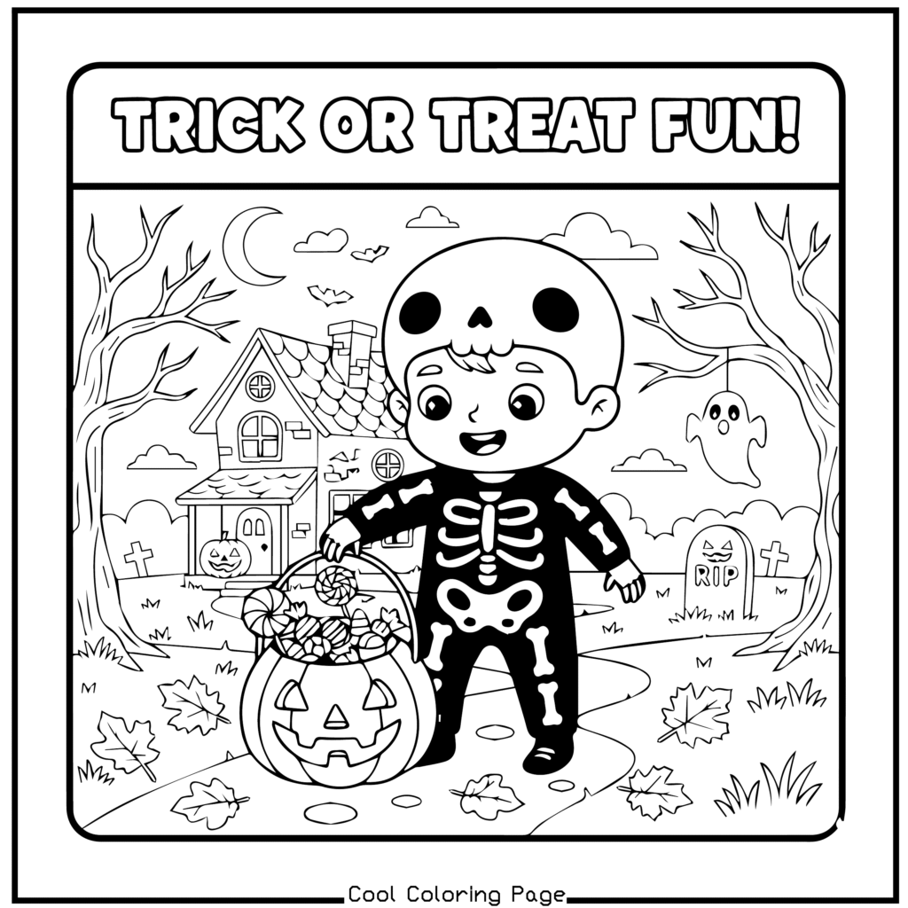 A child in a skeleton costume holds a pumpkin-shaped candy bucket, smiling amid a Halloween scene with a haunted house, bare trees, and a full moon. —Halloween coloring pages.