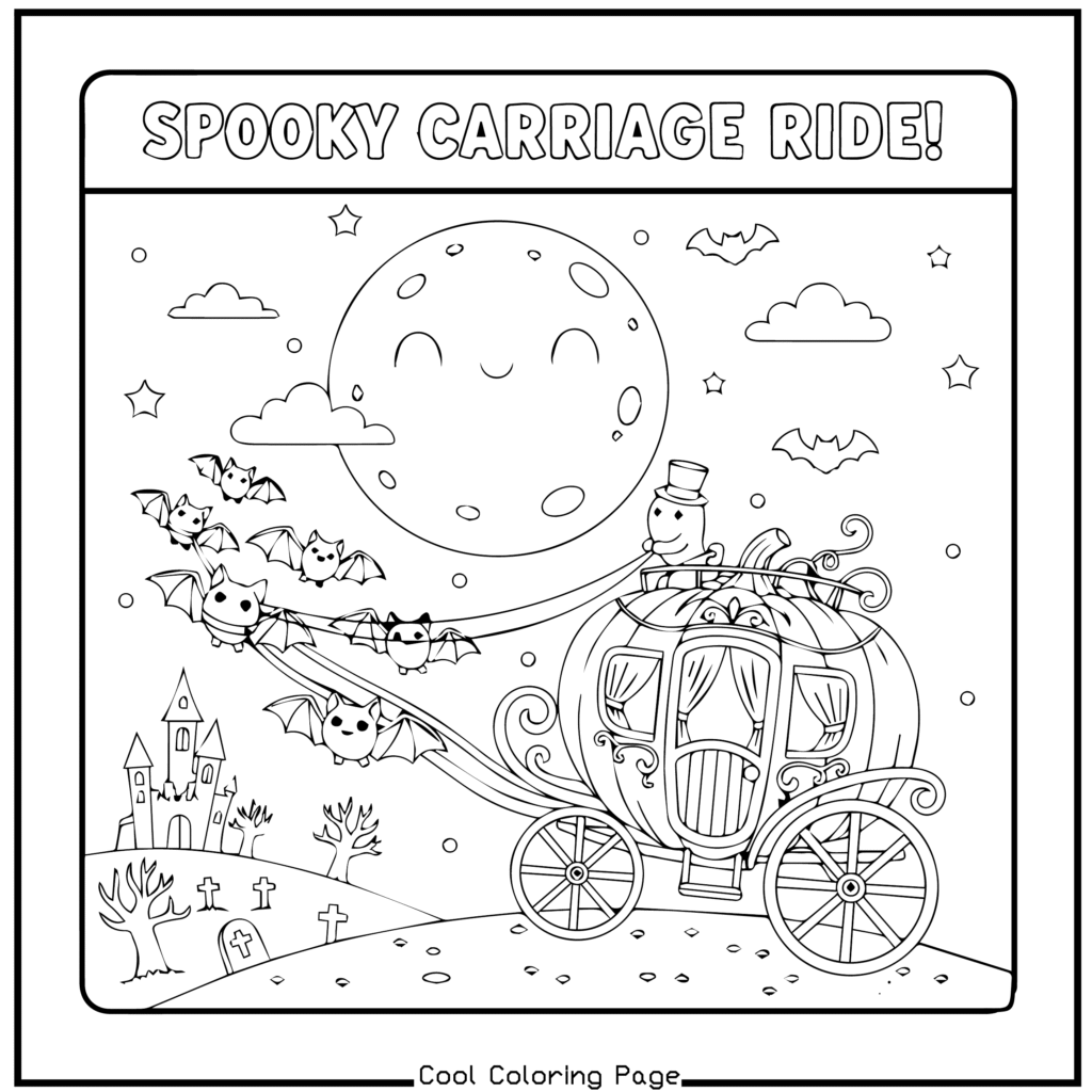 A smiling pumpkin carriage pulled by bats under a happy, full moon. Gravestones, a castle, and bare trees add to the whimsical, spooky scene. —Halloween coloring pages.