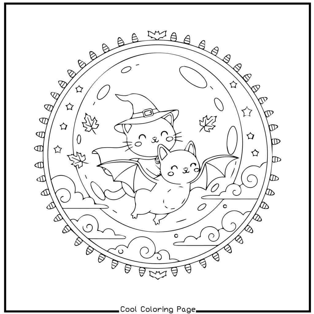 Whimsical coloring page of a cat in a witch hat riding a bat, surrounded by stars, leaves, and clouds. Playful and magical Halloween theme. —Halloween coloring pages.