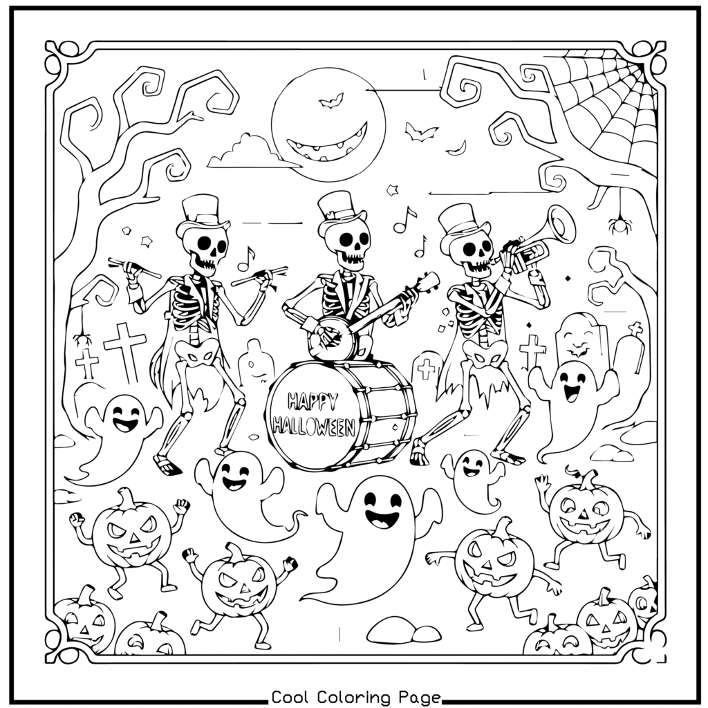 Whimsical coloring page of three skeletons playing instruments, surrounded by smiling ghosts and dancing pumpkins, set in a spooky Halloween scene. —Halloween coloring pages.