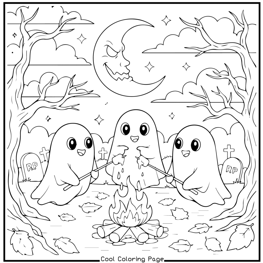 Three cute ghosts toast marshmallows over a campfire at night in a graveyard, under a crescent moon, and surrounded by bare trees. —Halloween coloring pages.