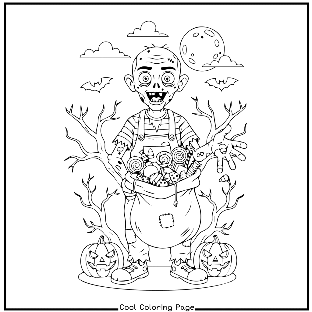A cartoon zombie dressed in patched overalls holds a bag of candy in a spooky Halloween scene. Two pumpkins, bare trees, bats, the moon, and clouds surround him. —Halloween coloring pages.